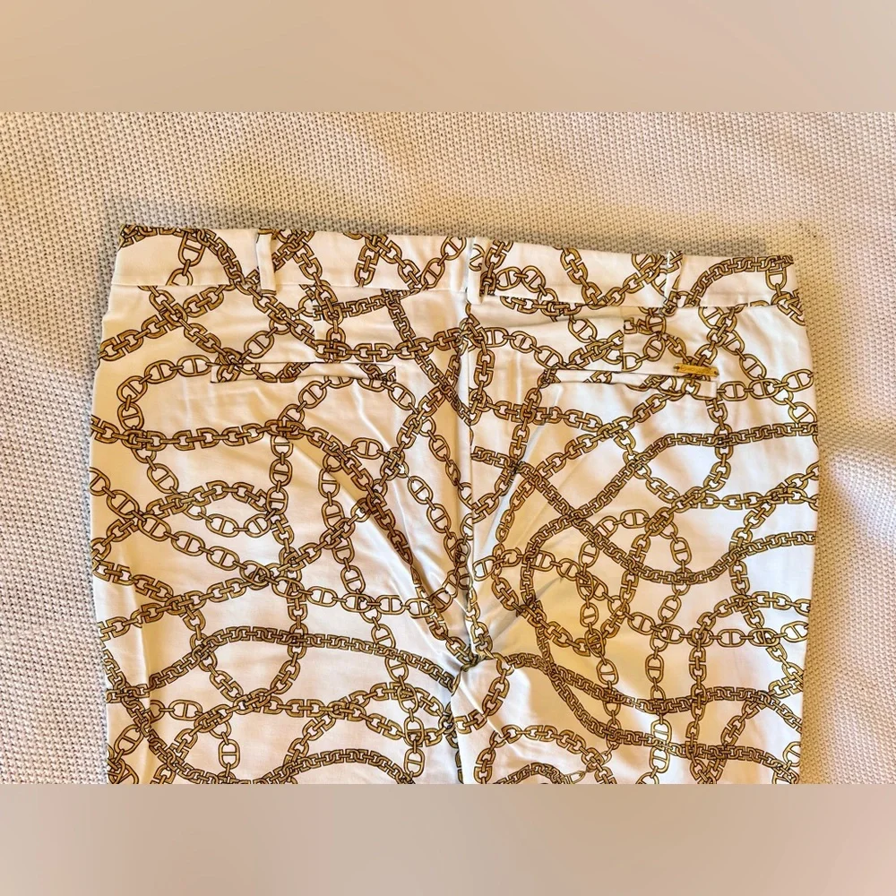 MICHAEL KORS Stretchy White & Gold Chain Print Skinny Pants